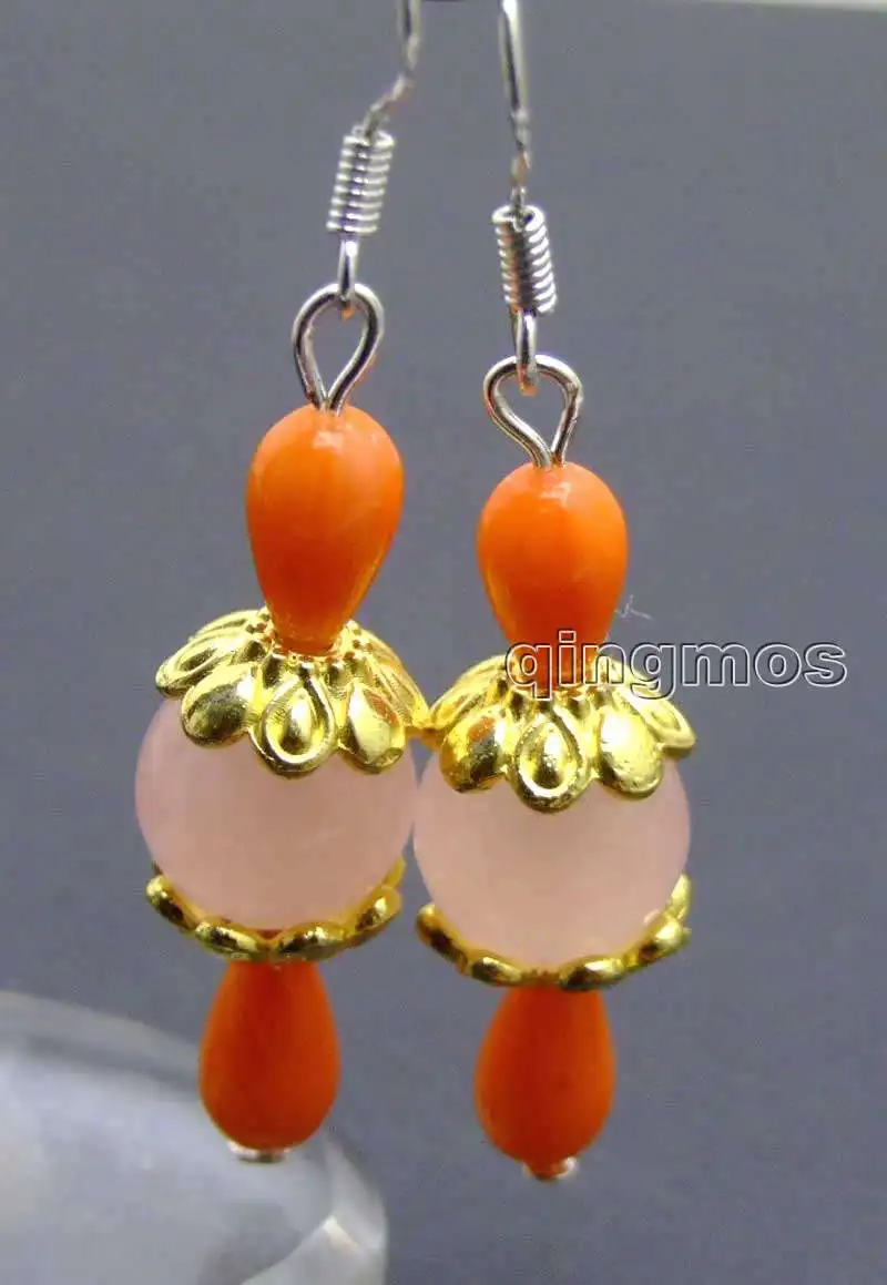 

SALE 5*9mm orange drop coral and 10mm pink beads earring silver s925 hook-ear416 wholesale/retail Free shipping