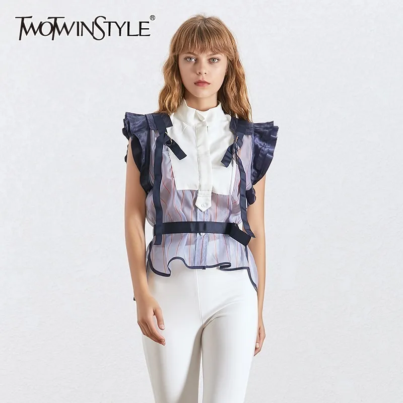 TWOTWINSTYLE Striped Sleeveless Women Blouse Stand Collar Off Shoulder Bandage Tunic Shirt Female Fashion Clothes 2020 Summer TWOTWINSTYLE Striped Sleeveless Women Blouse Stand Collar Off Shoulder Bandage Tunic Shirt Female Fashion Clothes 2020 Summer