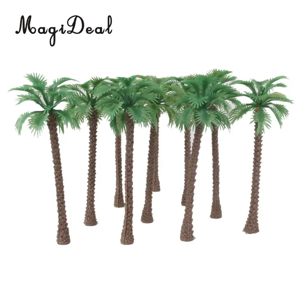 10Pcs Green Plastic Model Trees Artificial Palm Trees Rainforest Beach Sea Scenery Layout Landscape Toys for Children 1:65 14cm