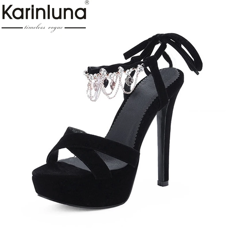 

Karinluna Women's Rhinestone Metal Chain High Heel Shoes Woman Open Toe Platform Sandals Big Size 33-43
