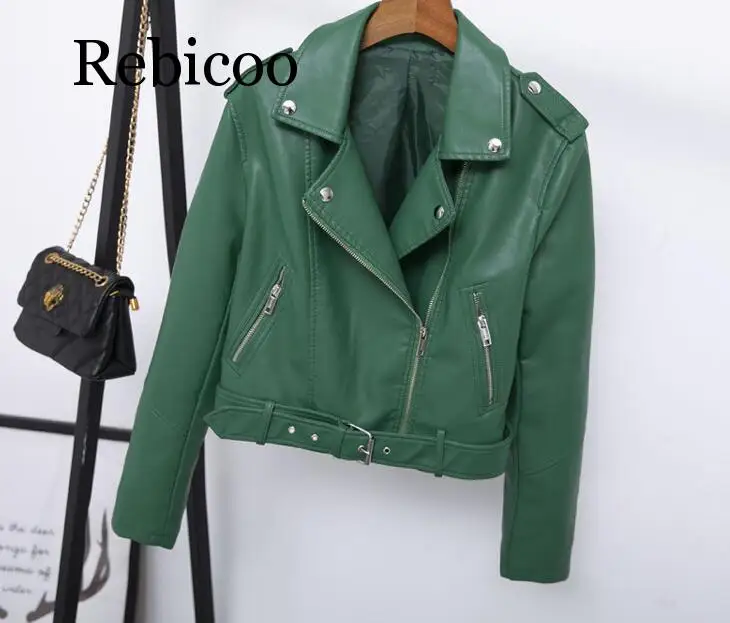 2019 new classic lapel short belt women's PU leather simple leather jacket motorcycle jacket