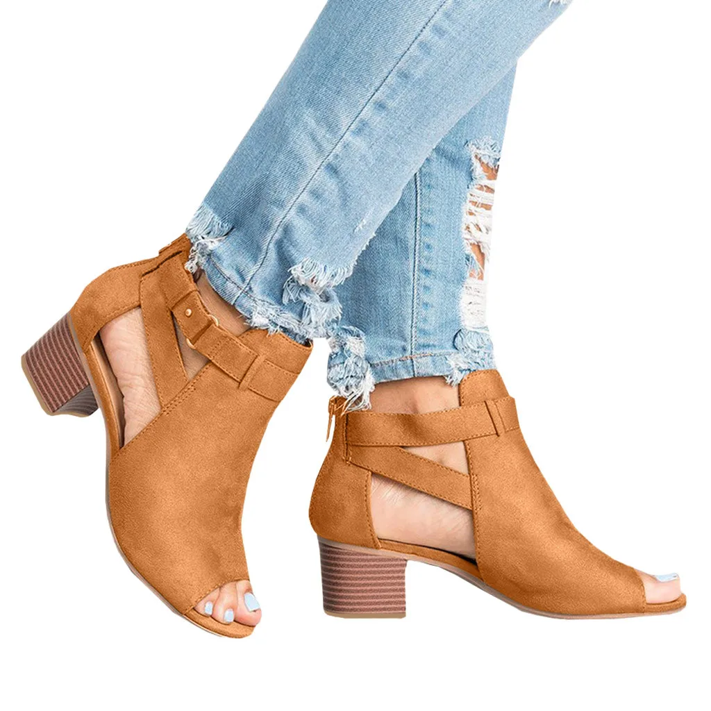 Для женщин модные сандалии летние флоковые из флока квадратном каблуке Базовая Повседневное однотонные Цвет квадратная пряжка на ремешке; босоножки в римском стиле; пляжные сандалии