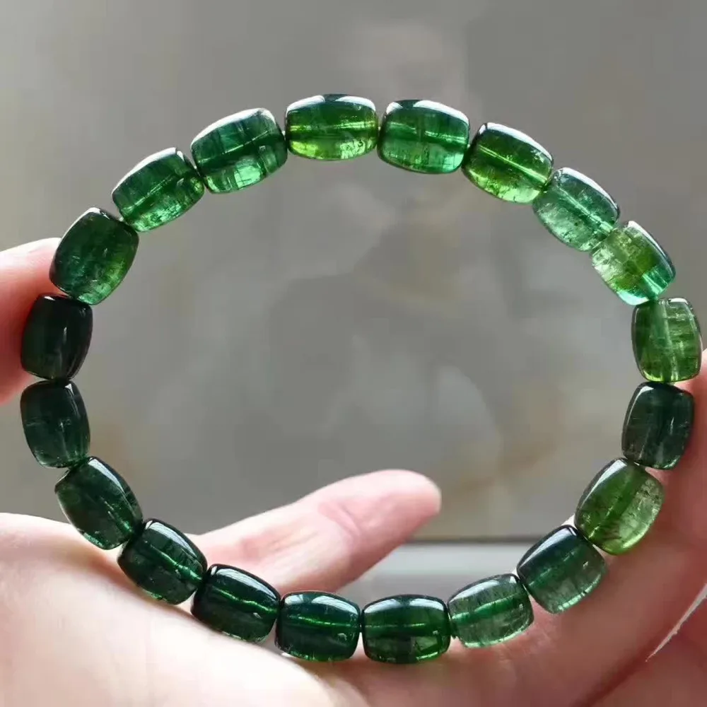 

Genuine Natural Green Tourmaline Crystal Clear Barrel Beads Women Fashion Bracelet 9x7mm AAAAA