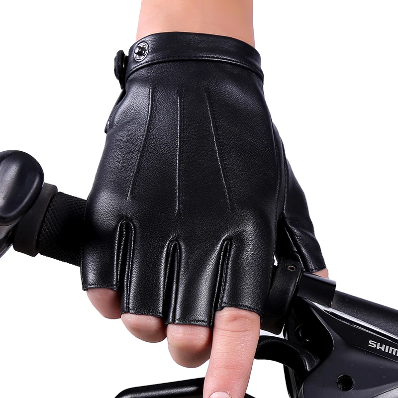 Leather Gloves Semi-Finger Spring And Autumn Ride Fitness Outside Slip-Resistant Gloves Hip-Hop Genuine Leather Gloves BZ001 women s spring touch screen gloves 3d printing splicing knitted sports mitten men s stretch ride bike five finger gloves