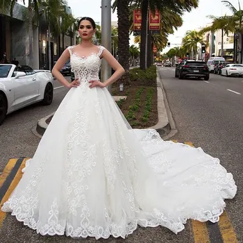 

Cathedral Train Lace Appliques Tulle robe de mariée Bridal Ball Gown Luxury Sleeveless Vestidos De Novia Wedding Dress