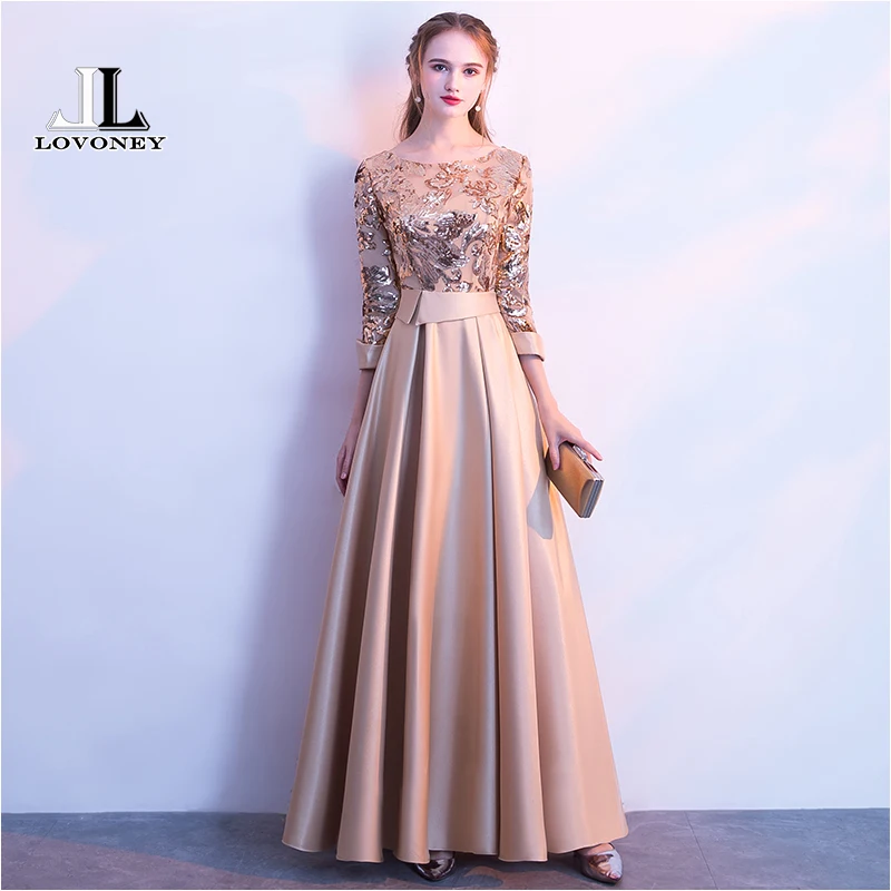 LOVONEY A Line Sequins Golden Evening Dress Long Prom Party Dresses Evening Gown Formal Dress Women Elegant Robe De Soiree M254 LOVONEY A Line Sequins Golden Evening Dress Long Prom Party Dresses Evening Gown Formal Dress Women Elegant Robe De Soiree M254