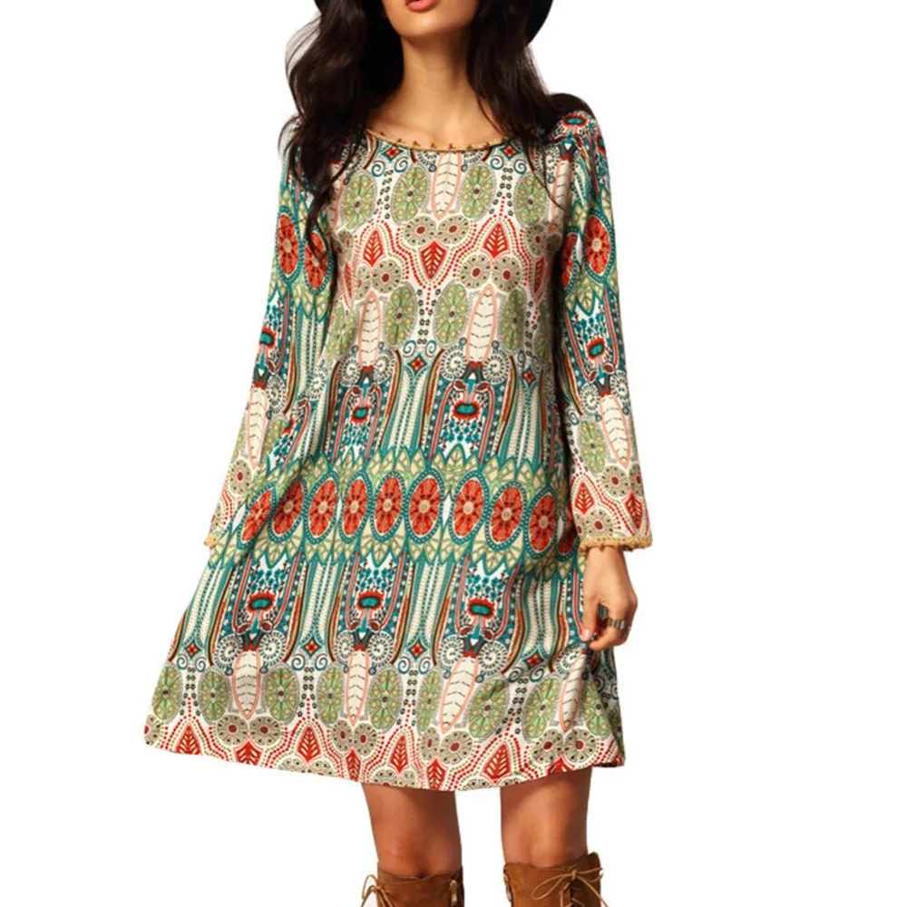 Fashion Summer Vintage Ethnic Dress Sexy Women Boho Floral Printed Casual Beach Dress Loose Sundress