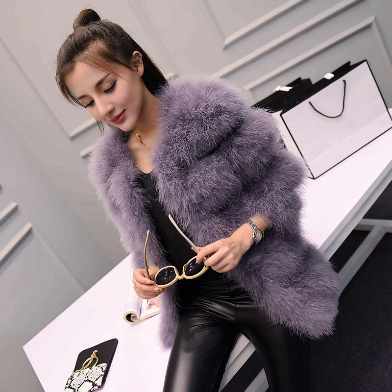

2017 New Women Ostrich Feather Fur Coats Medium Long Fur Coat Solid O-Neck Soft Slim Natural Ostrich Fur Jackets XS-XXL W814