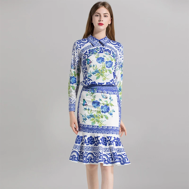 Turn down Sirène Bleu Hot Longueur À Genou Jupes De 2018 Ensembles Chemises Col Automne Costumes Haute Mode D'impression Femmes Qualité TvnzqwPIx