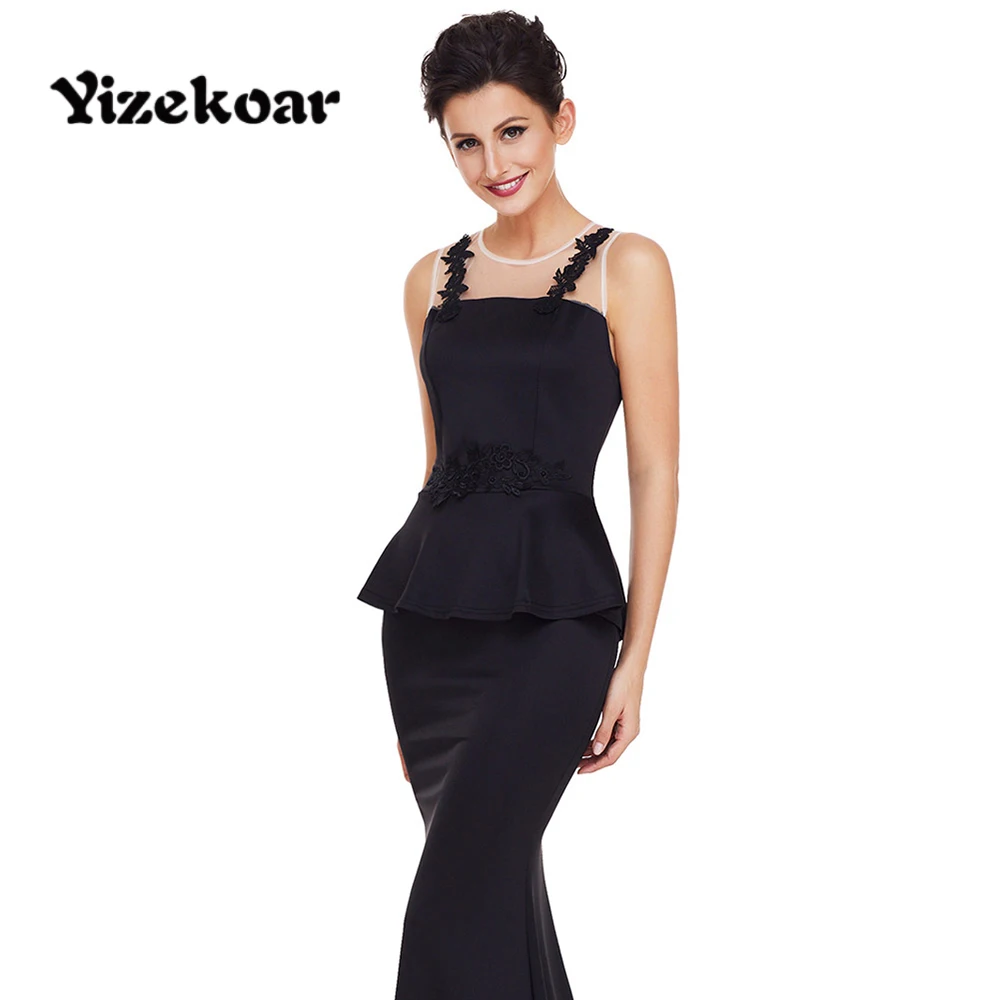 Yizekoar 2018 новые элегантные длинные макси платье черный тонкий Floral Applique Mesh Вставить
