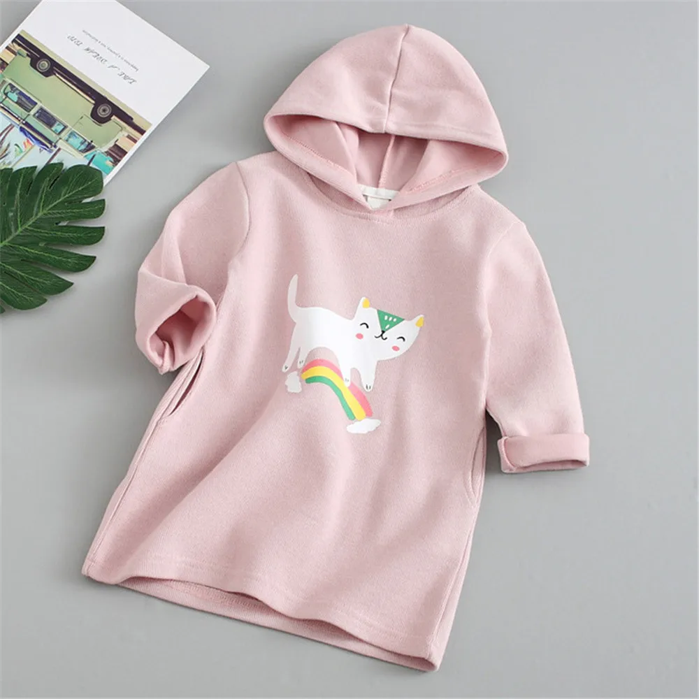 

2019 Autumn Spring Girls Hooded Long Sweatshirts Tops Children Clothes Cotton Cartoon Rainbow Cat Print Long Sleeve Hooded Coat