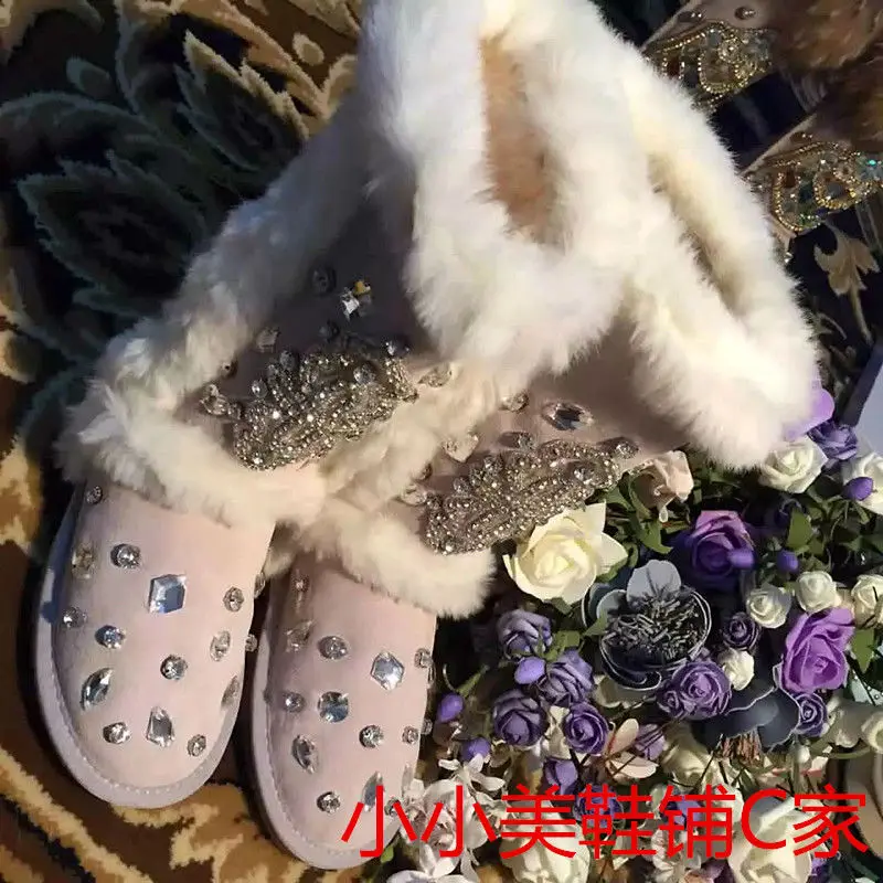 

Leather with 100% merino diamond internal winter snow boots/rabbit hair wool sheepskin boots