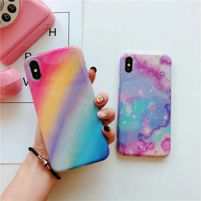 

luxury phone case for iphone X Xs max XR soft TPU rainbow color marble Edge cases cover for coque iphone 7 8 plus 6 6s plus