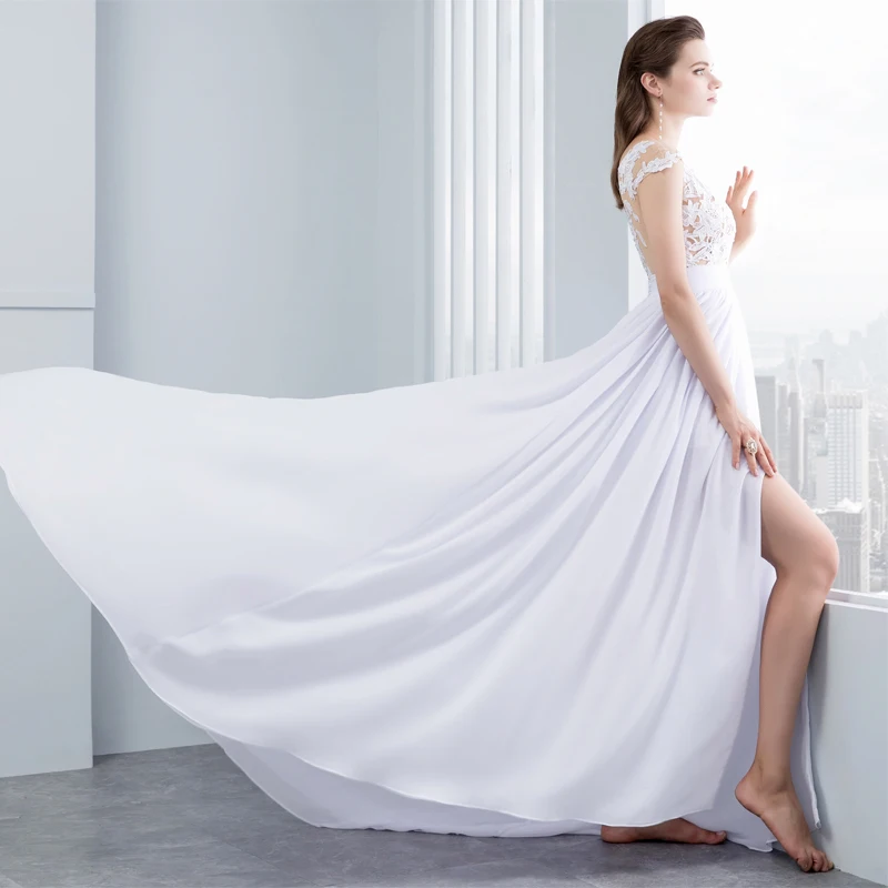 Chiffon Lace Appliqued Cap Short Sleeve Beach Wedding Dress