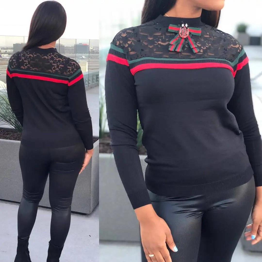 

2018 autumn and winter new ladies mesh color stitching long-sleeved T-shirt bow sexy women's clothing