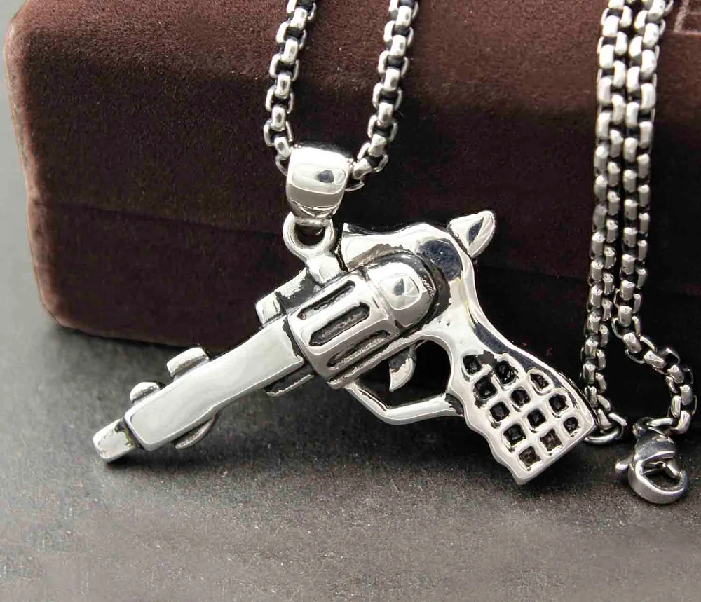 Stainless Steel Revolver Gun Pendant Necklace Chain Mens Rocker Hip Hop