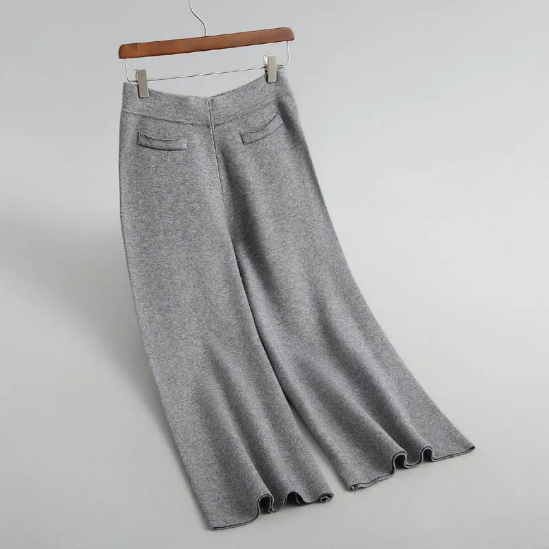 J990 корейская мода сплошной цвет двойные карманы деко широкие брюки свитер брюки для женщин Высокое качество зимние теплые трикотажные брюки