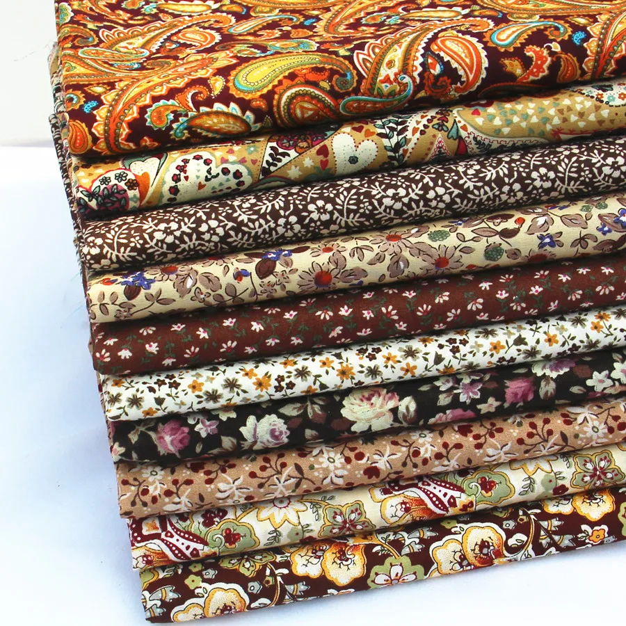 Poplin Cotton Fabric for Patchwork Vintage Brown Flowers Print Cotton Fabrics Set for Quilt Baby