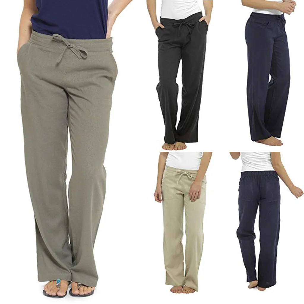 

2019 Hot Sale Long Pants Women LInen Pure Color High Waist Summer Trousers Women Wide Leg Pocket Loose Trousers Pantalones Mujer