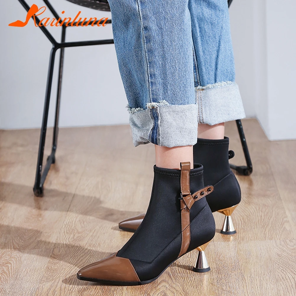 

KARINLUNA 2019 New Elegant Genuine Cow Leather Ankle Boots Women 2019 Autumn Strange High Heels Pionted Toe Boots Shoes Woman