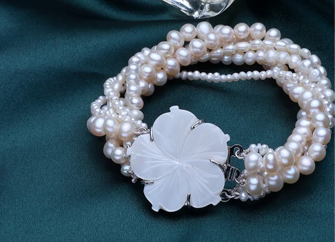 

Wedding Woman Jewelry 100% Real Natural White Pearl Multilayer Bracelet Flower Clasp 18cm \ 7inch