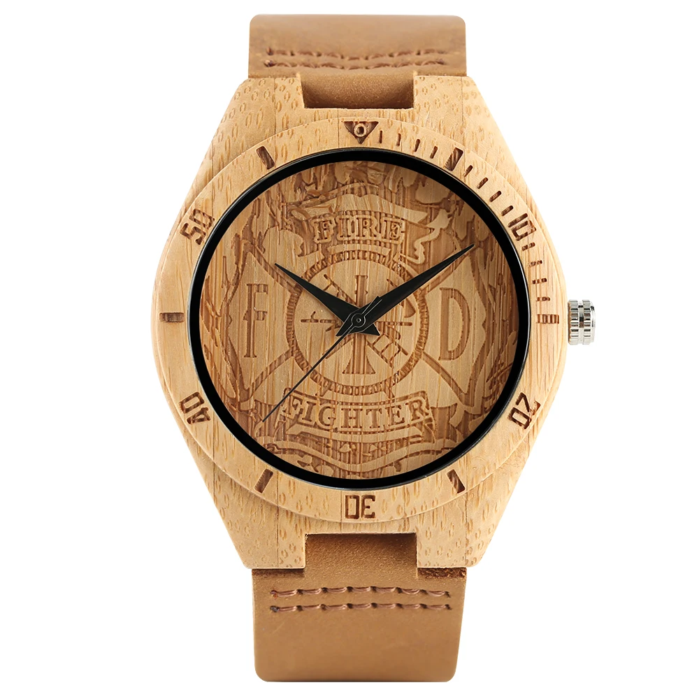 YISUYA Fire Fighter Pattern Dial Bamboo Wooden Wrist Watch Men Sport Handmade from Nature Wood Quartz Creaitve Watches Gift Bag (1)