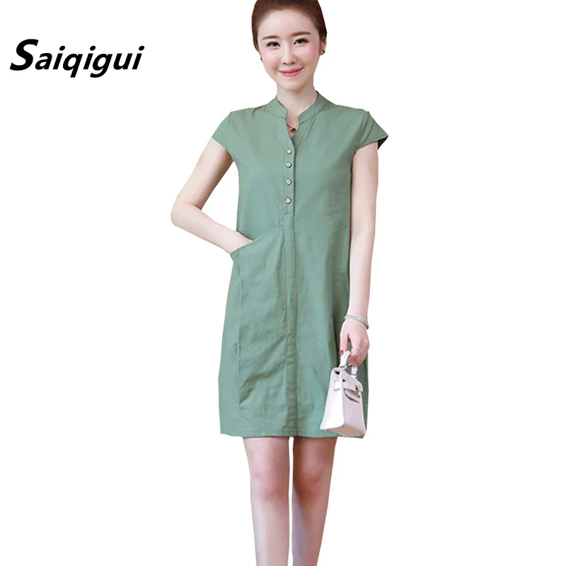 

Saiqigui 2019 fashion Spring Summer dress women casual Loose plus size L-5XL A-line OL elegant Cotton linen dresses vestidos