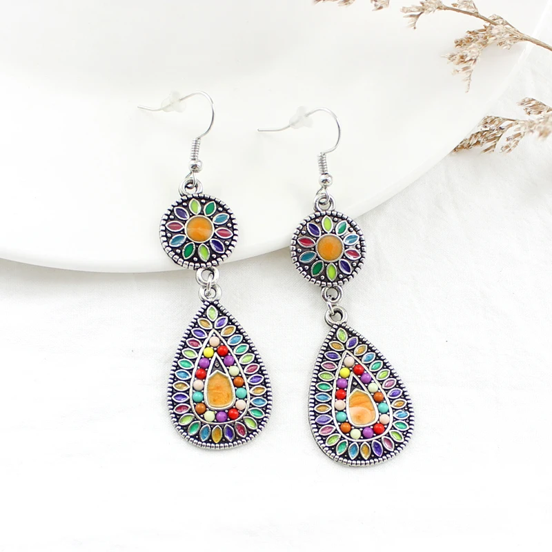 

Round connection drop-shaped silver metal inlay colored natural stone Pendant earrings Female glamour jewelry Bohemian style