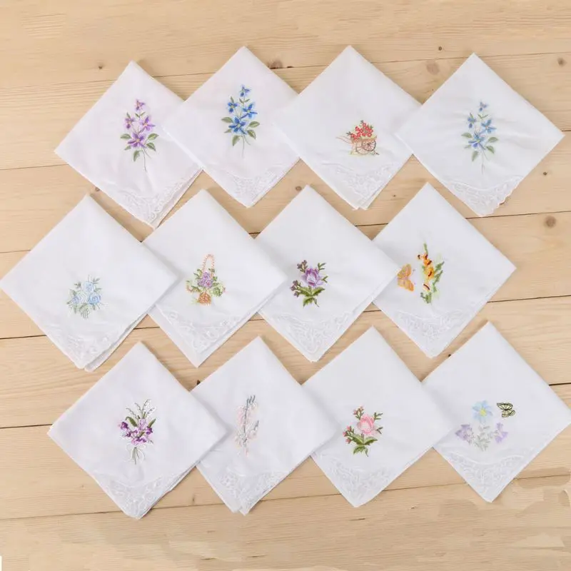 

3Pcs/Set Women Basic White Square Handkerchief Floral Embroidered Pocket Hanky Butterfly Lace Cotton Baby Bibs Portable Towel Na