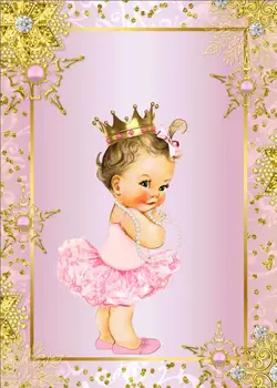 

5x7FT Gold Floral Frame Light Pink Wall Girl Baby Shower Cown Custom Photo Studio Backgrounds Backdrops Vinyl 150cm x 220cm
