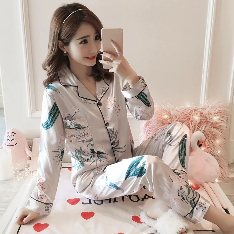 

Silk Satin Flowers Print Pajamas Sets for Women 2018 Autumn Long Sleeve Pyjama Suits Female Lounge Homewear Pijama Home Clothing