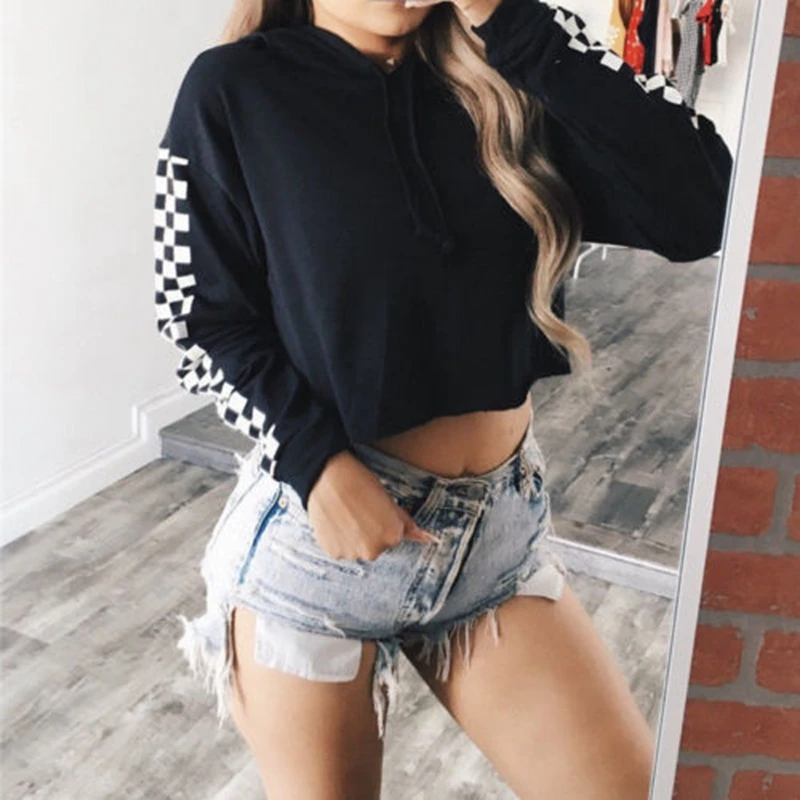 

Hot Short Sweatshirt Women HoodedPlain Cropped Tops Pullover Jumper Top
