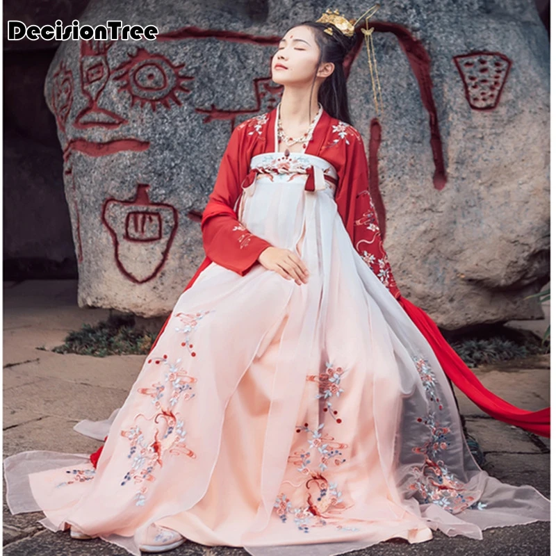 Женский костюм hanfu, костюмы древней китайской феи, качественная шифоновая одежда, китайский национальный народный танцевальный костюм