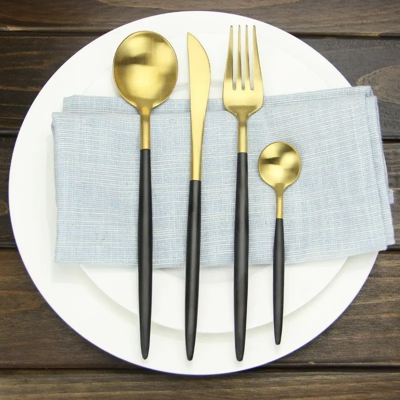 Luxurious 4 Piece Matte Black Handle and Gold Stainless Steel Flatware Sets, Include Knife Fork Spoon