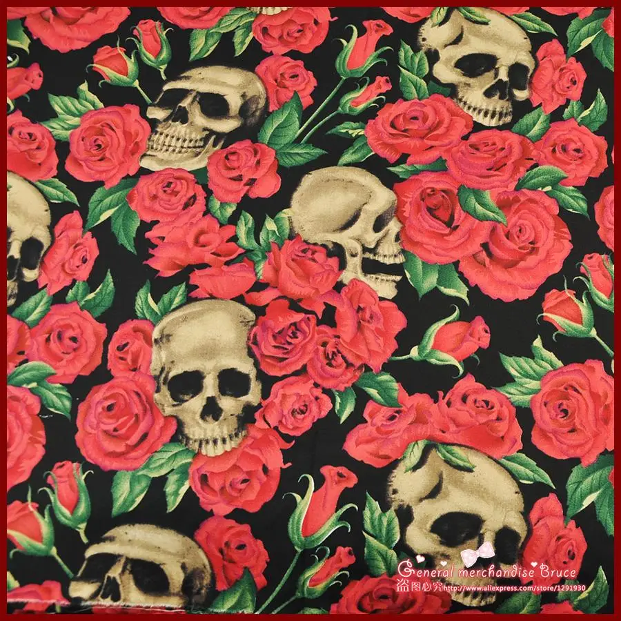 

2015 New ! 1 Pieces/lot 50*140cm Assorted 100% cotton Fabric Black Series Skull Rose patchwork quilts Tilda Cloth