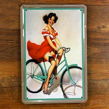 Прямые продажи xd68" велосипедист молодая женщина" Олово Признаки Книги по искусству кафе-бар Винтаж наклейки металл роспись стены Home Decor 20x30 см