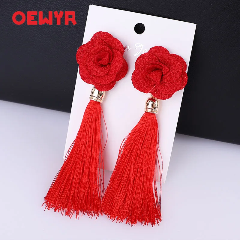 HTB1wBuKcRGE3KVjSZFhq6AkaFXa8 - Fashion Bohemian Tassel Crystal Long Earrings flowers White Red Silk Fabric Drop Dangle Tassel Earrings For Women 2019 Jewelry