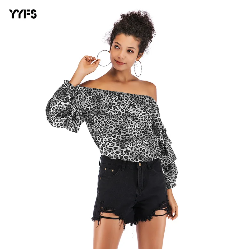 Leopard цветочные шифон с плеча Сексуальная Повседневная летняя обувь boho блузка