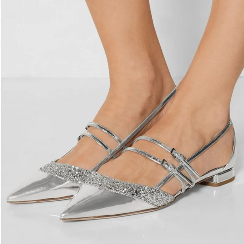 

Akamatsu Pointed Toe Low Heel Women Summer Sandals Patent Leather Buckle Pumps Silver Sequins Patchwork Slingback Women Shoes