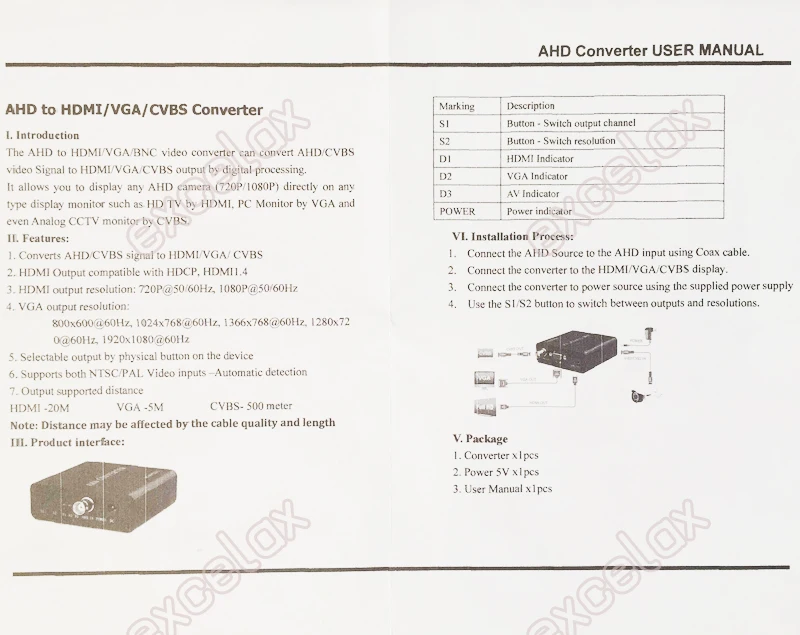 720 P 1080 P HD AHD к HDMI(аудио и видео)/VGA/CVBS аналоговый преобразователь выходного сигнала, включая адаптер питания для камеры видеонаблюдения