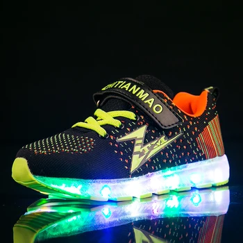 

PU Leather Wings Led luminous hook&loop Shoes For Boys girls Fashion Light Up Casual kids Breathable Children Sneakers