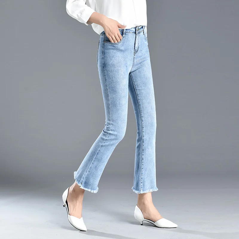 Повседневные джинсы с высокой талией и кисточками женские повседневные Карманы узкие брюки стрейч на молнии джинсовые джинсы женские