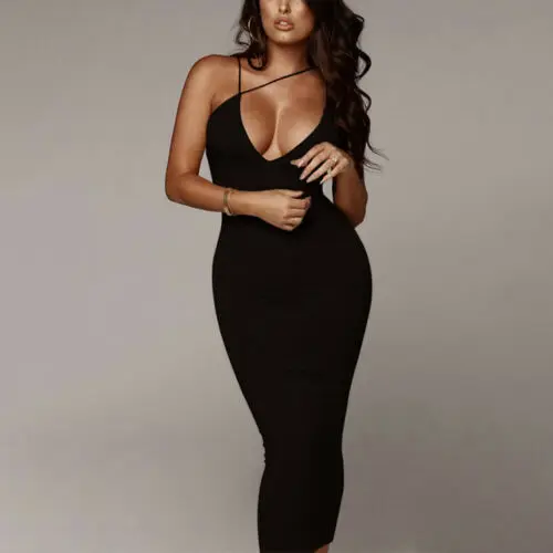 2019 New Women's Summer Sling V-neck Sexy Bodycon Clubwear Party Dress 3Colors