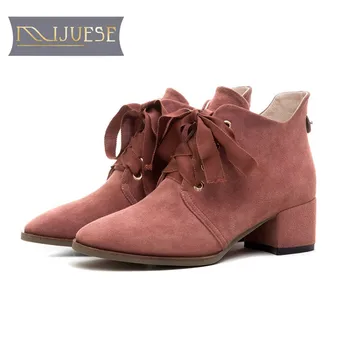 

MLJUESE 2018 women boots Kid Suede lace up round toe high heels autumn spring ankle boots size 34- 40 women luxury boots