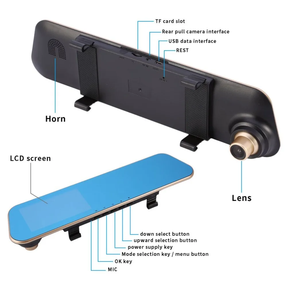 

F1C 1080P HD Dual Lens 4.3 TFT Rearview Mirror Dash Cam with Car Recorder and Reverse Parking System 140 Angle 500M Pixel