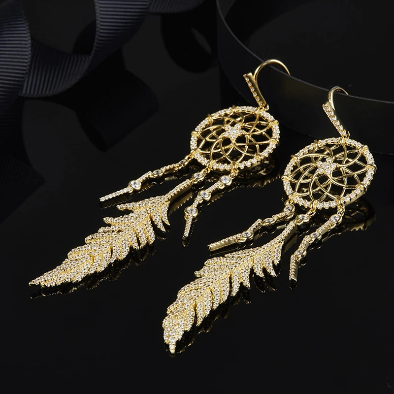 

2018 Fashion Feather Drop Earrings Retro Leaf CZ Hollow Round Hook Dangle Earring For Women Jewelry Christmas Gift ZK40