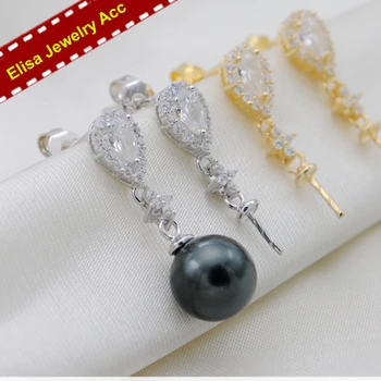 

S925 Sterling Silver Pearl Drop Earrings Holder Waterdrop Shinning Rhinestones Earrings Settings Silver&Gold 3Pairs/Lot