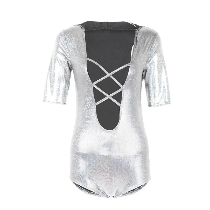 Hooded Bodysuit Sexy Women Bandage Jumpsuit Rompers Shiny Swimwear Deep V Neck Bodysuit Women Bodycon Playsuit Feminino 40APR1118