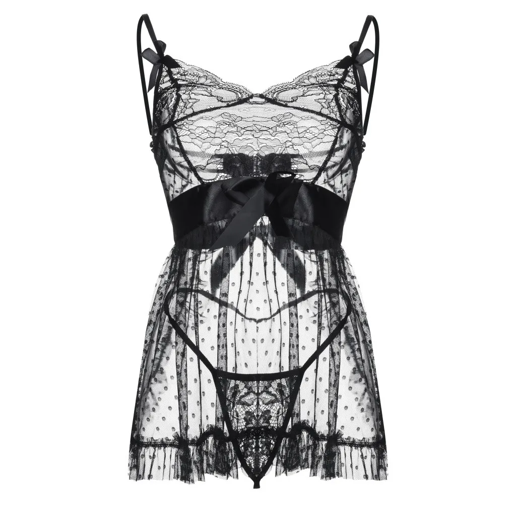 

Women Fashion Intimates Of Large Size Black Sexy Mesh Lace Underwear Sleepwear Lingerie G-String Set Bow L1926