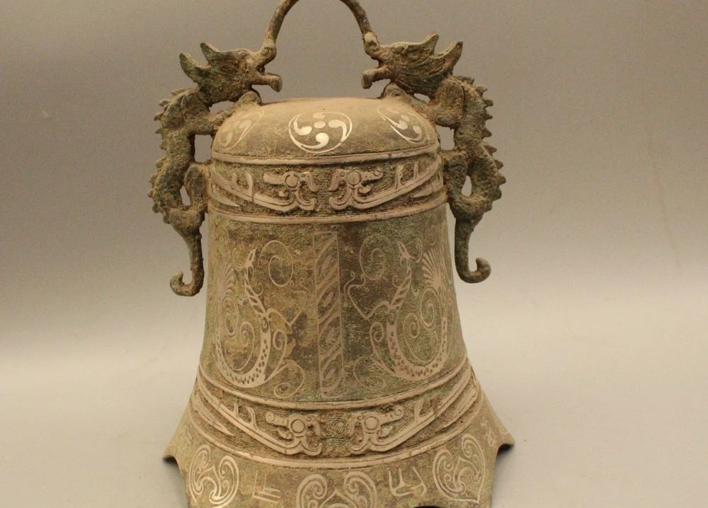 

11" Ancient Chinese Temple Buddhism Bronze Silver Hang Two Dragon Zhong Bell